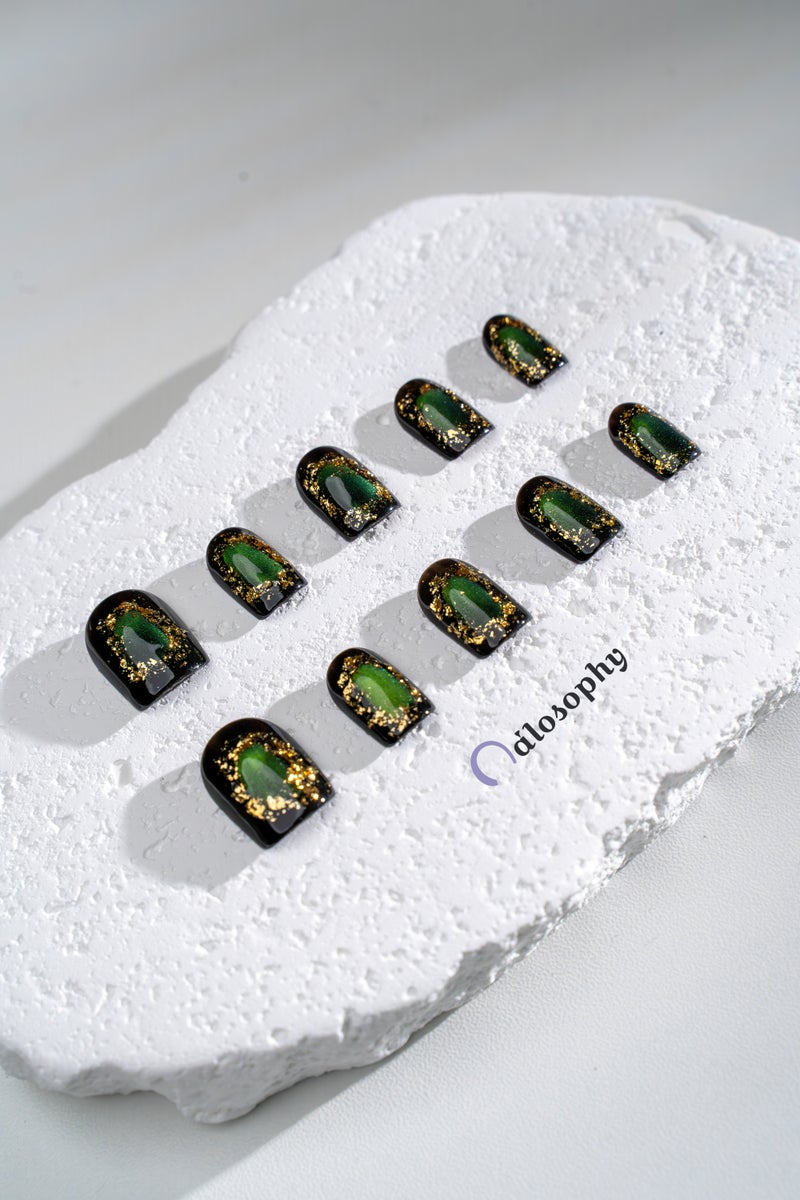 Nailosophy Handmade Luxury Press-on Nails Emerald Cat-Eye & Gold Foil on Black | Square Shape - Image 1